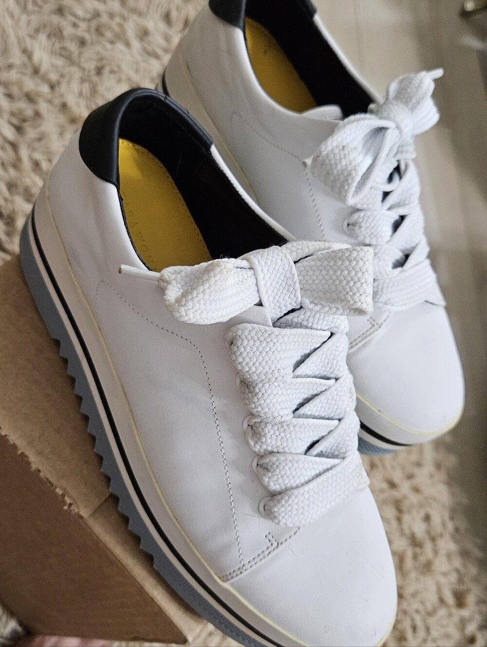 Zara platform sneakers White Leather with Black Accent Light Blue Sole